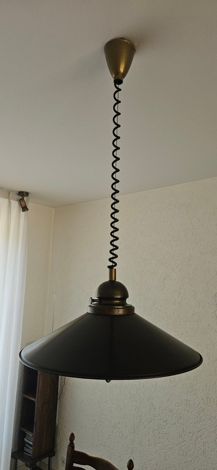 Vintage hanglamp met trekveer en metalen kap, Ophalen, Gebruikt, Vintage, Industrieel, Retro, E27 (groot)