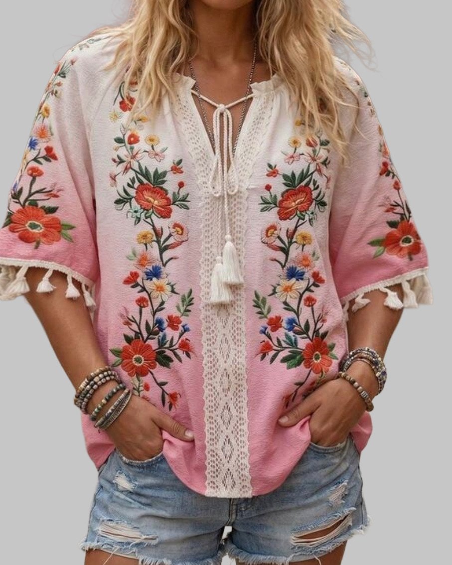 Boho Blouse met Bloemenborduursel en Kwastjes (44-52), Verzenden, Nieuw, Roze, Blouse of Tuniek