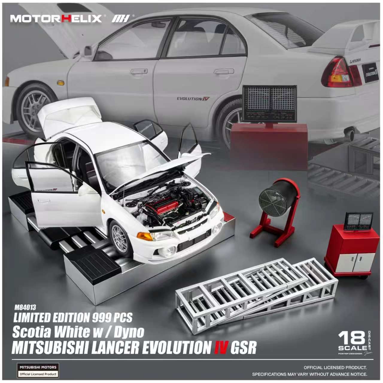 Mitsubishi Lancer Evolution IV GSR + Dyno 1:18 Motorhelix, Hobby en Vrije tijd, Ophalen of Verzenden, Nieuw, Auto, Overige merken