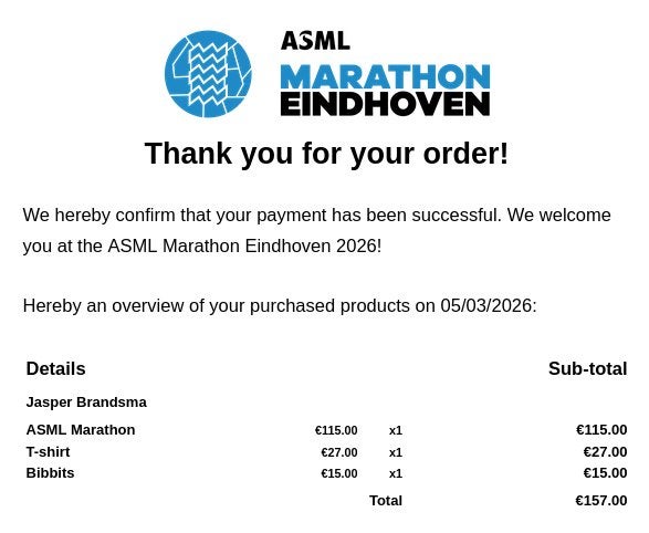 ASML Marathon Eindhoven startnummer + t-shirt + bibbits, Eén persoon, Oktober