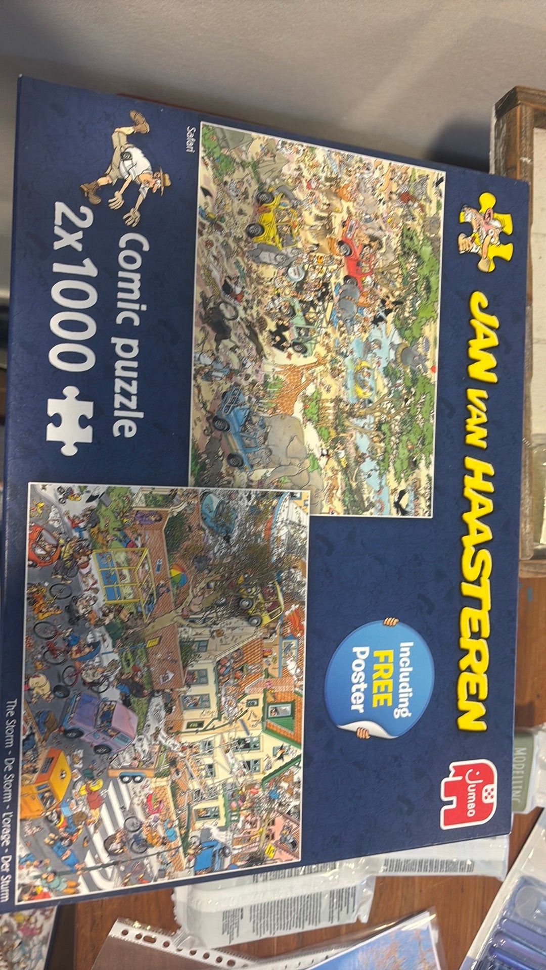 Jan van Haasteren 2x 1000 stukjes Safari en The Storm, Ophalen of Verzenden, 500 t/m 1500 stukjes, Zo goed als nieuw