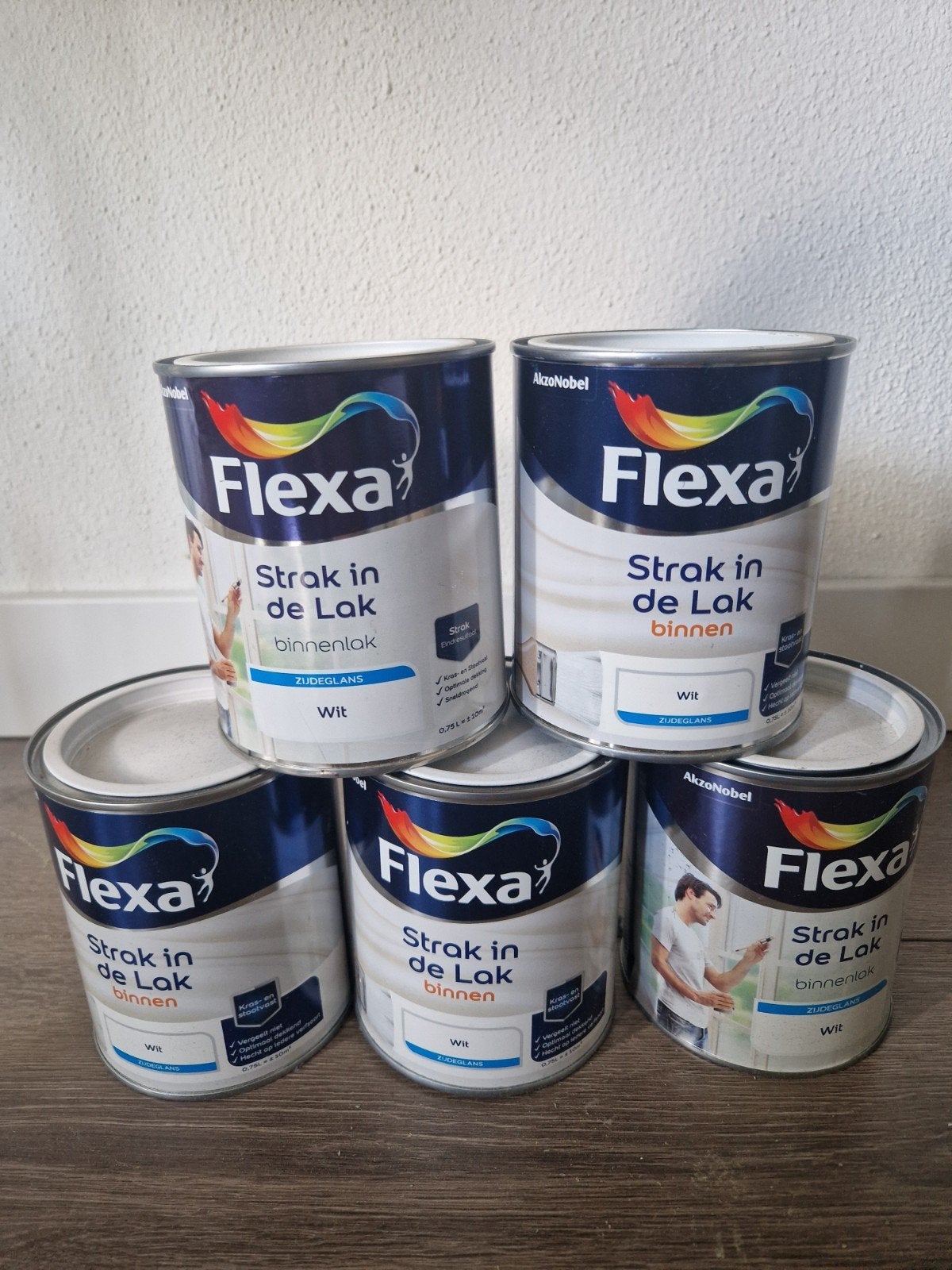 5x Flexa Strak in de Lak Binnenlak Wit Zijdeglans 0,75, Ophalen, Wit, Nieuw, Lak