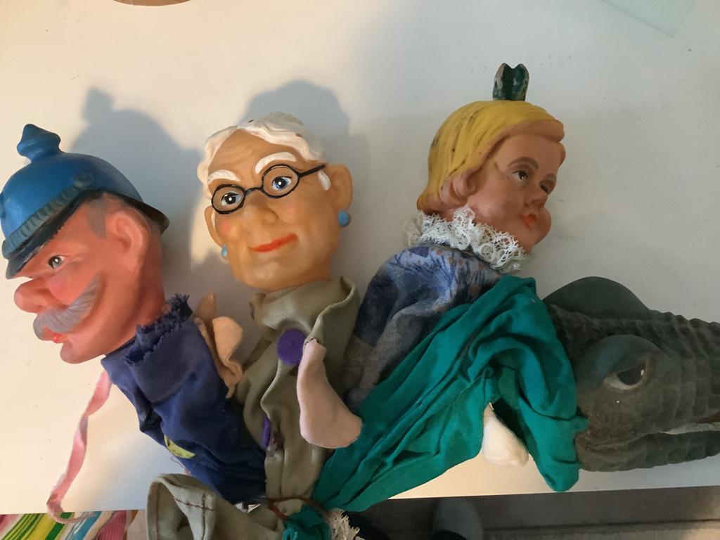 Poppenkast handpoppen set: man, vrouw en krokodil 4 stuks, Ophalen of Verzenden, Gebruikt, Overige typen