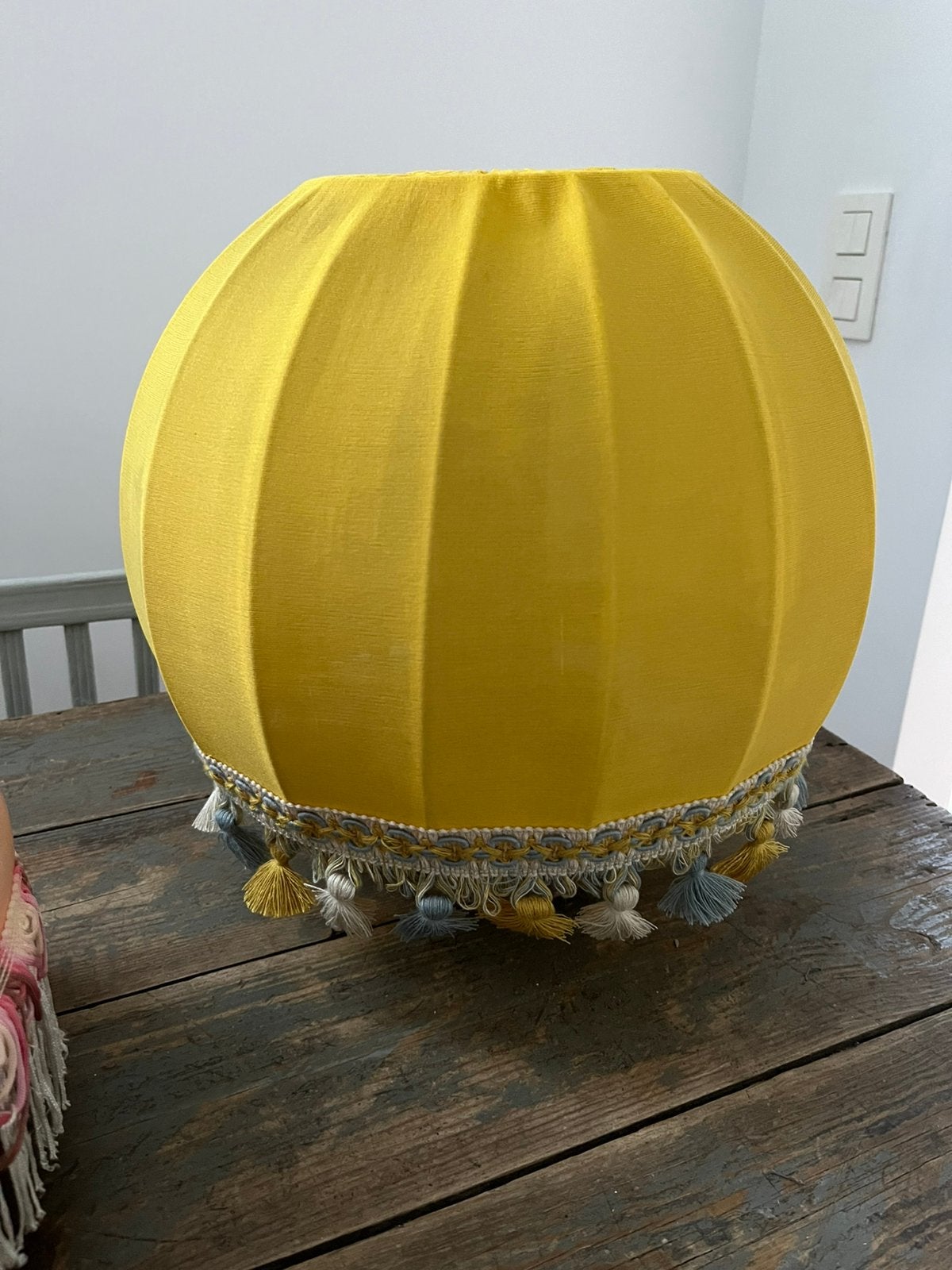 VINTAGE LAMPENKAP HANGLAMP GEEL STOF AUTHENTIEK, Huis en Inrichting, Lampen | Lampenkappen, Ophalen of Verzenden, Zo goed als nieuw