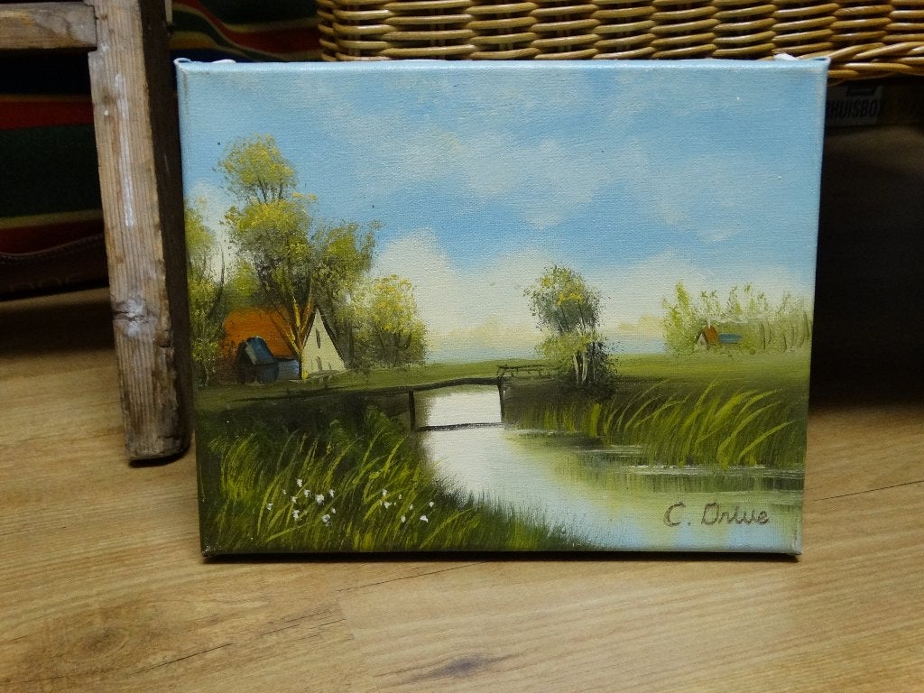 mooi klein olieverf schilderij boerderij Hollands landschap, Doek, Oud hollands, Ophalen of Verzenden, Gesigneerd