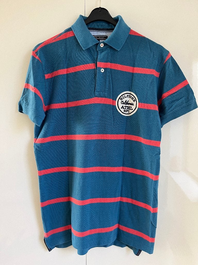 Polo shirt Tommy Hilfiger M blauw oranje gestreept, Kleding | Heren, Polo's, Tommy Hilfiger, Ophalen of Verzenden, Zo goed als nieuw