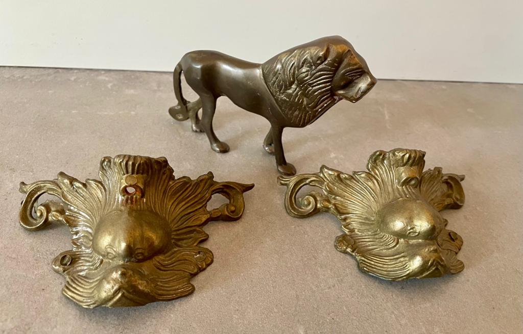 Antieke brullende leeuwenfiguur van brons en messing, Antiek en Kunst, Antiek | Koper en Brons, Ophalen of Verzenden