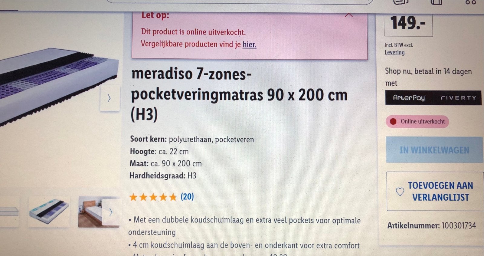 Meradiso pocketvering matras 90x200 cm (H3) nieuw, 90 cm, Eenpersoons, Nieuw, Ophalen of Verzenden
