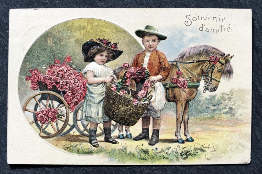 Reliefkaart Kinderen met mini-paard en rozenkar, 1909, Verzenden, Voor 1920, Gelopen, Paard