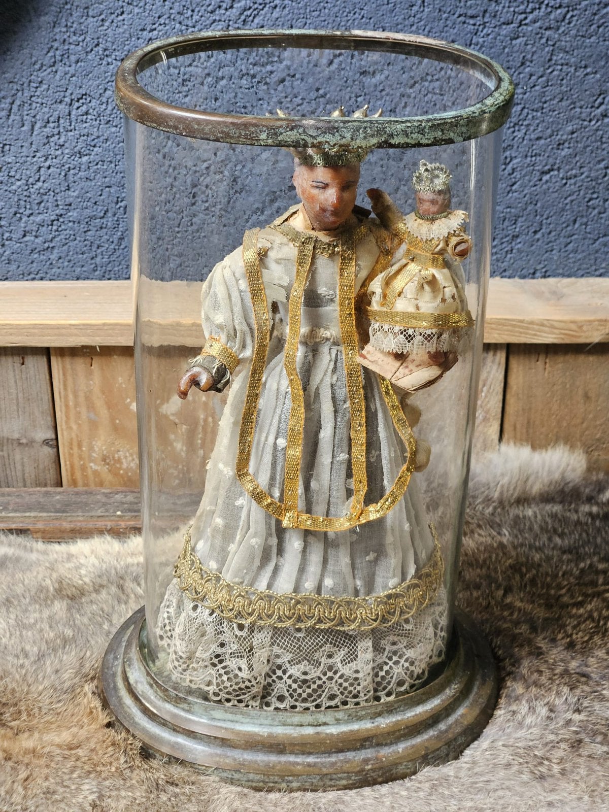 Antiek Religieus wassen beeld in stolp, Ophalen of Verzenden