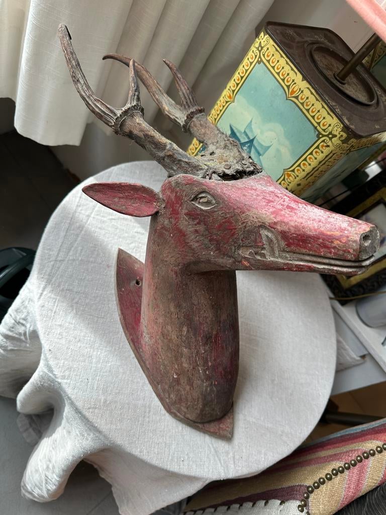 Unieke houten hertenkop met echte schedel, Huis en Inrichting, Woonaccessoires | Wanddecoraties, Ophalen of Verzenden, Gebruikt