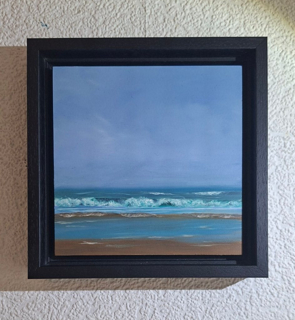 Zeegezicht olieverf 15x15cms ingelijst, Antiek en Kunst, Kunststof, Gelimiteerde oplage, Olieverf, Landschap
