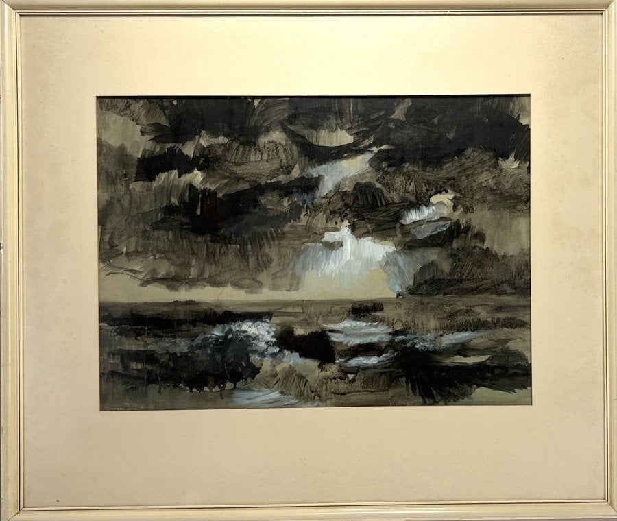 865. Aquarel, Beb Mulder – expressief kustlandschap, 1984, Antiek en Kunst, Ophalen of Verzenden, Aquarel, Landschap