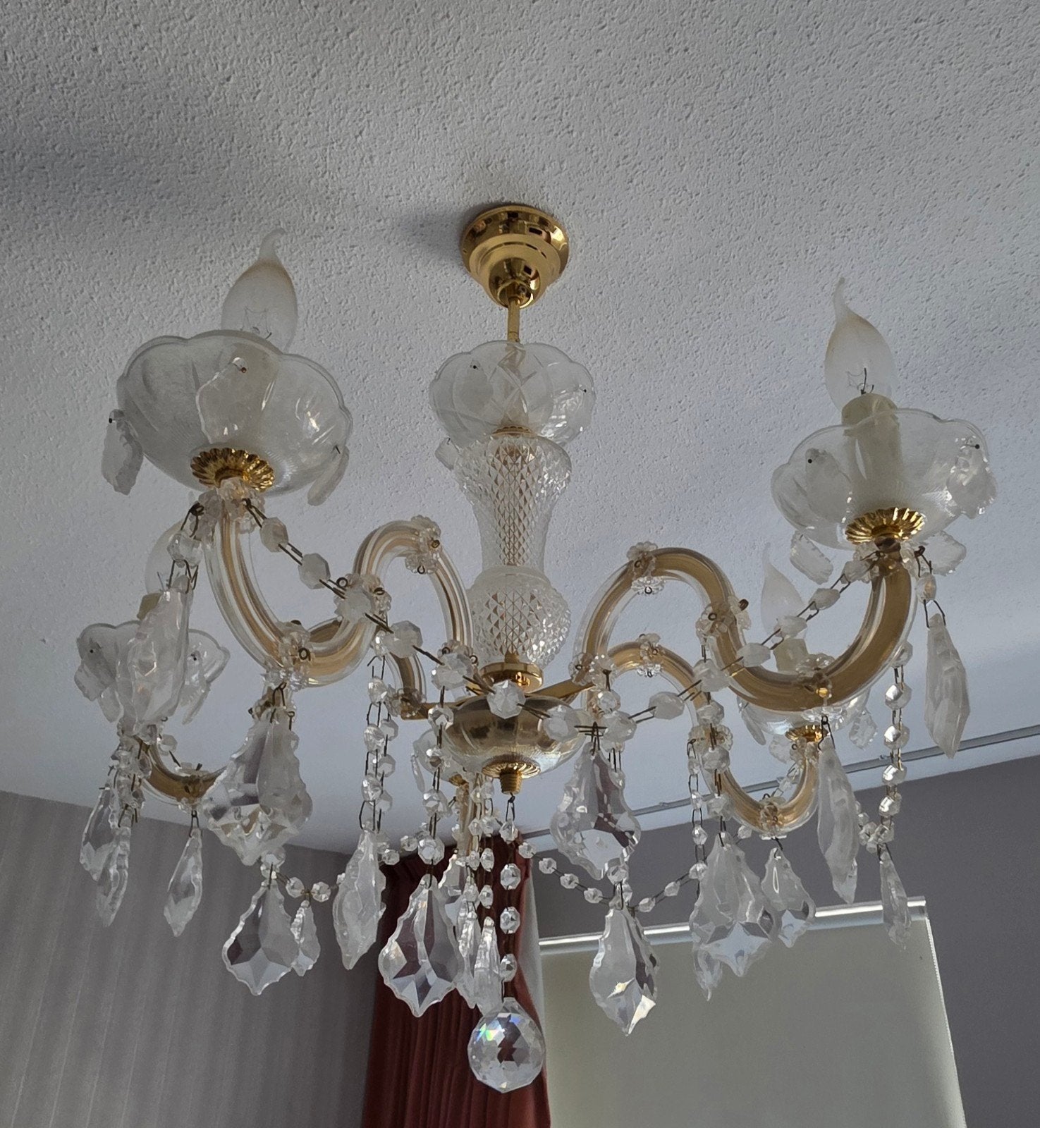 Gouden/ messing kroonluchter met Kristallen, Huis en Inrichting, E14 (klein), Zo goed als nieuw, Glas, Klassiek, Elegant, Barok