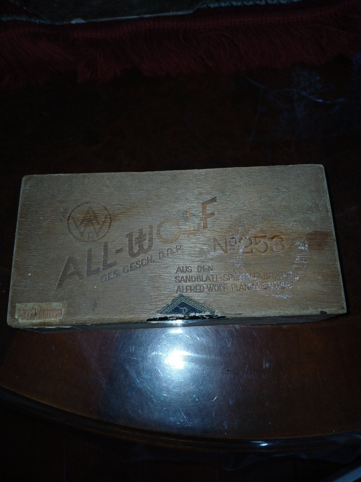Oude ALL-WOLF D.R.P sigaren kistje, Ophalen of Verzenden, Gebruikt, Tabaksdoos of Verpakking