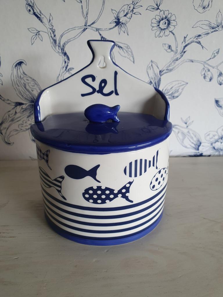 Leuke zoutpot met vissenmotief, wit/blauw, keramiek, Ophalen, Zo goed als nieuw, Voorraadpot, Steen/keramiek