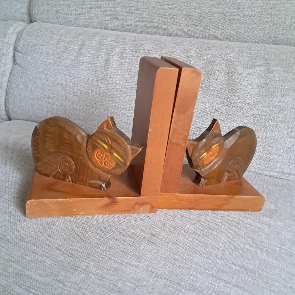 Vintage houten boekensteunen met kat 1105, Gebruikt, -, -, Ophalen of Verzenden