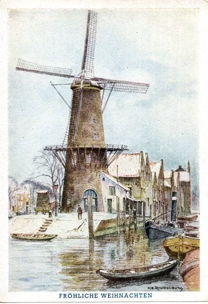 (ZH135) Ansichtkt Delftshaven molen aquarel Roodenburg kerst, Ophalen of Verzenden, 1980 tot heden, Ongelopen, Zuid-Holland