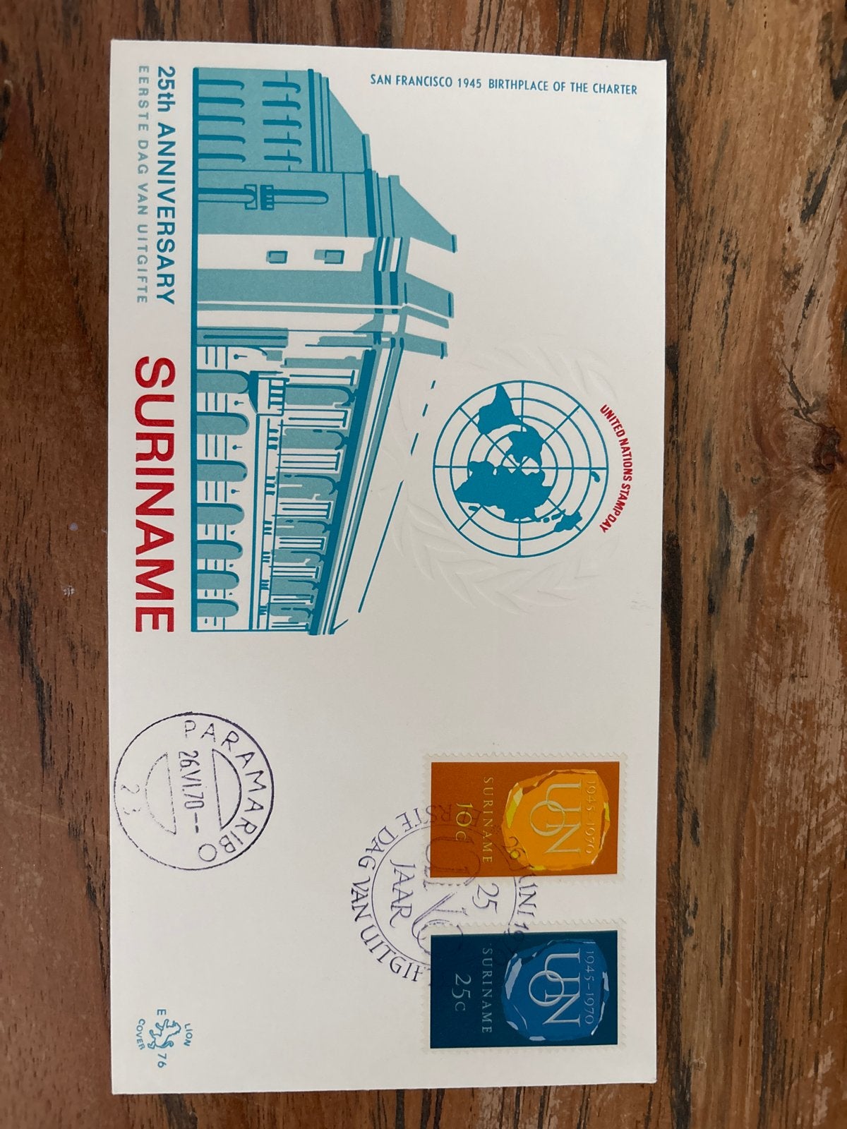 Suriname 25th Anniversary United Nations Day Eerste Dag, Met envelop, Ophalen of Verzenden, Gestempeld, 1e dag stempel