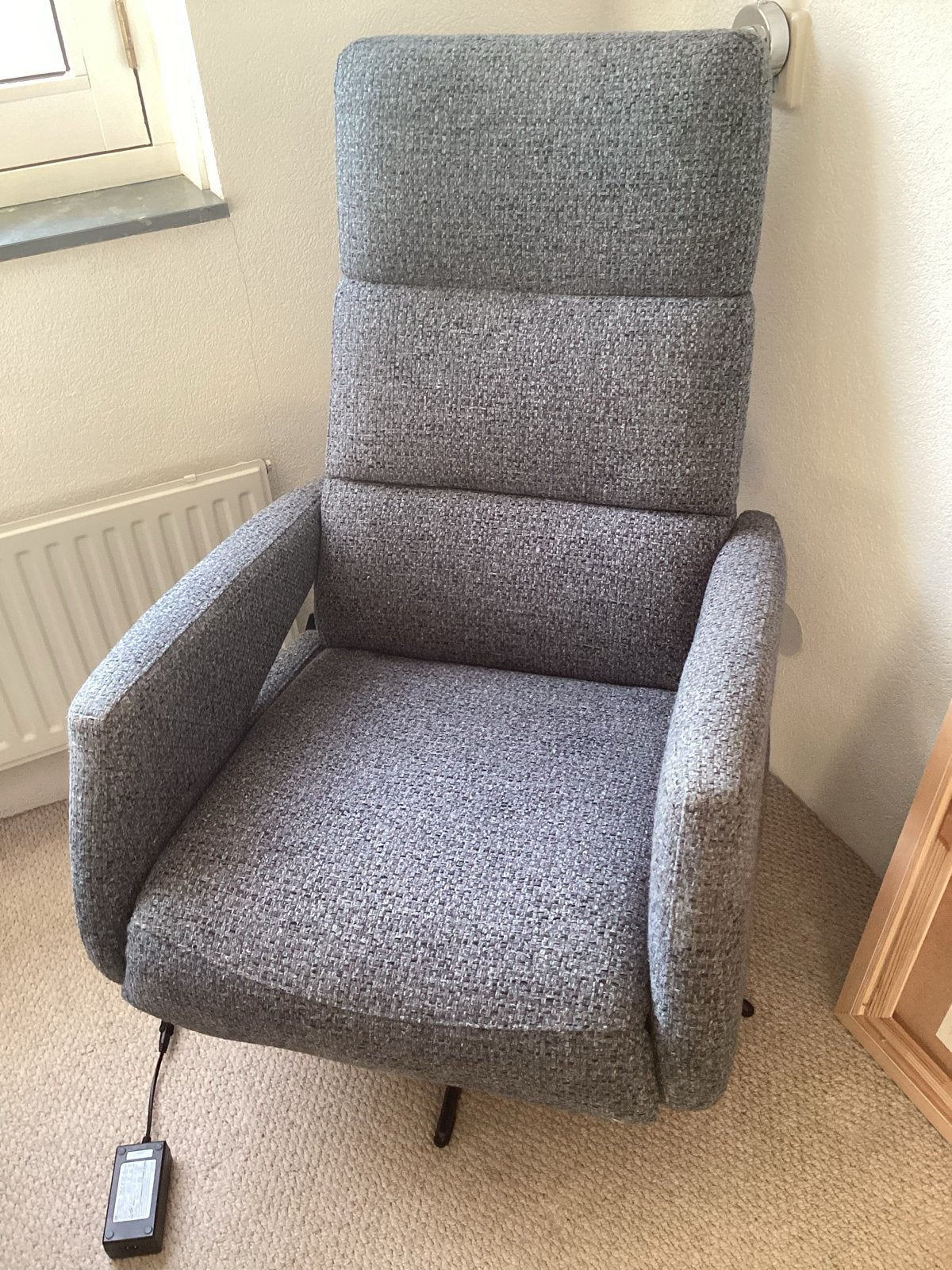 Relaxfauteuil Large - Elektrisch - blauwe tweed stof, Ophalen, Zo goed als nieuw, Stof, 75 tot 100 cm