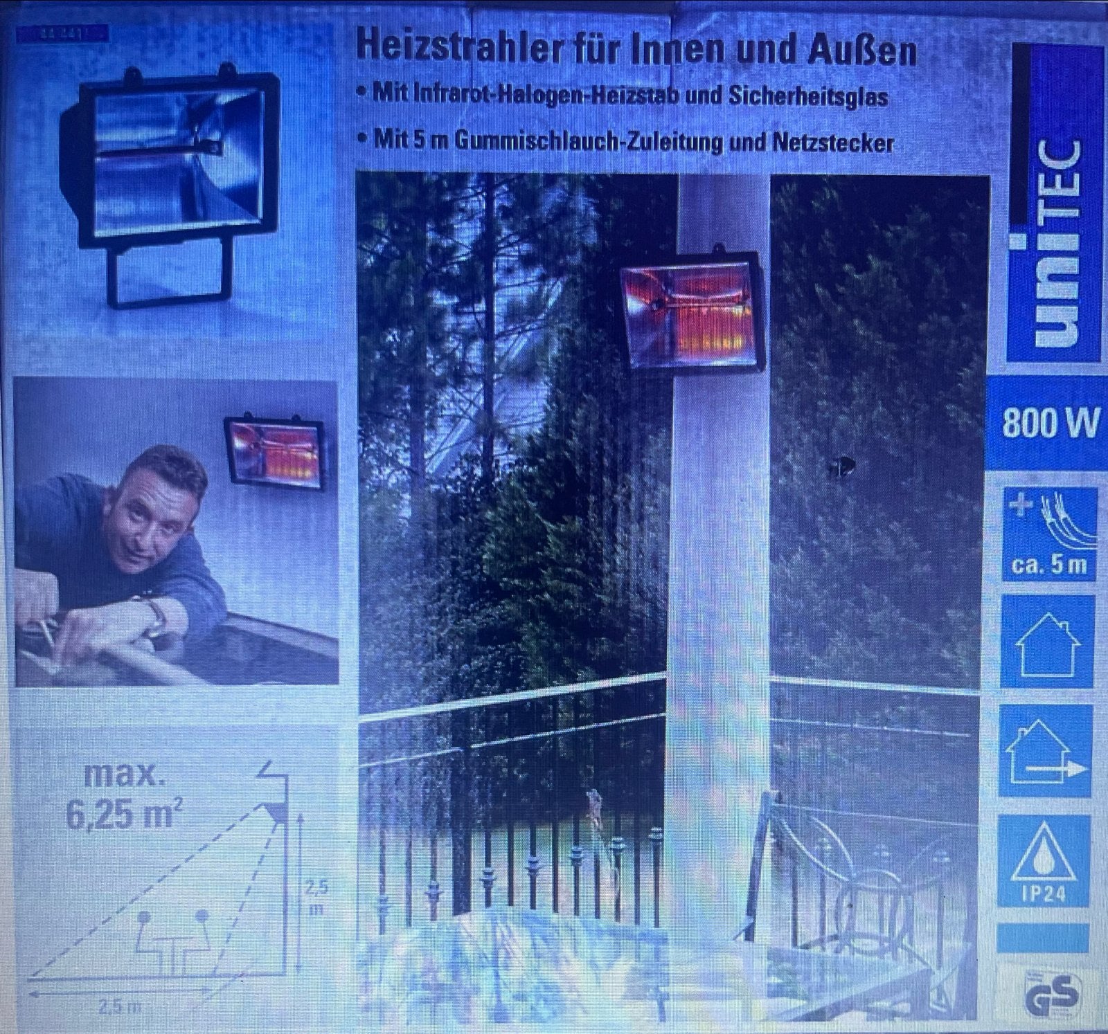 UNITEC Infrarood Halogeen Heater 800W voor Binnen/Buiten, Elektrisch, Nieuw, Ophalen of Verzenden, Waterbestendig
