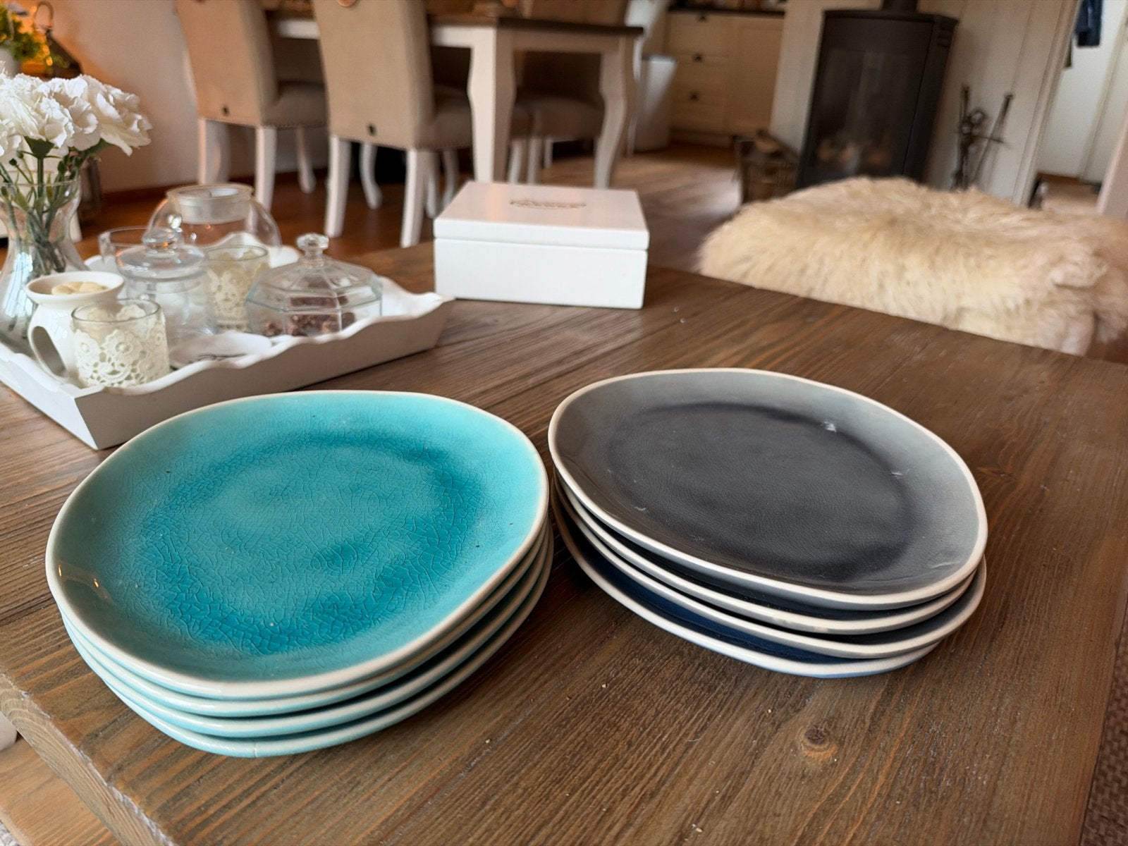 8 mooie ovale borden - turquoise en grijs, Keramiek, Ophalen of Verzenden, Zo goed als nieuw, Bord(en)