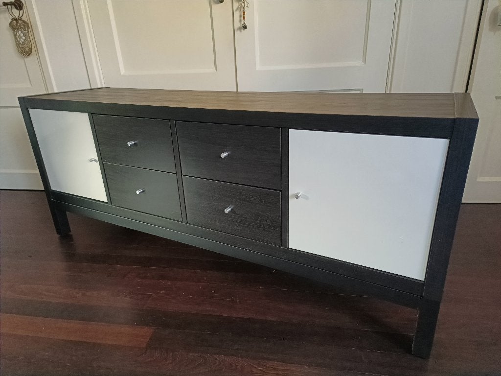 Ikea Kallax kast met onderstel en lades/deurtjes, Ophalen, Overige houtsoorten, Gebruikt, 100 tot 150 cm