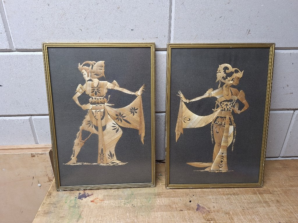 Set van 2 Balinese danseressen in rijststro-kunst, Antiek en Kunst, Kunst | Schilderijen | Klassiek, Portret of Personen, Realistisch