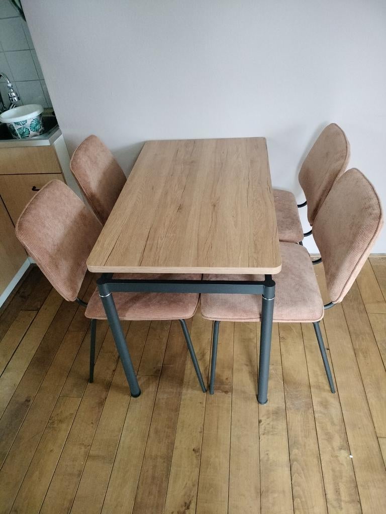 Eettafel met 4 cognac stoelen - 60x100 cm, Gebruikt, 50 tot 100 cm, 50 tot 100 cm, Vier personen