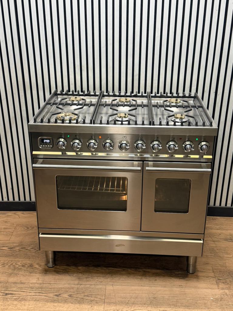 Luxe Boretti Fornuis 6 pits RVS met dubbele oven 90 cm, Fornello Esperta, Ophalen of Verzenden, Zo goed als nieuw, Energieklasse A of zuiniger