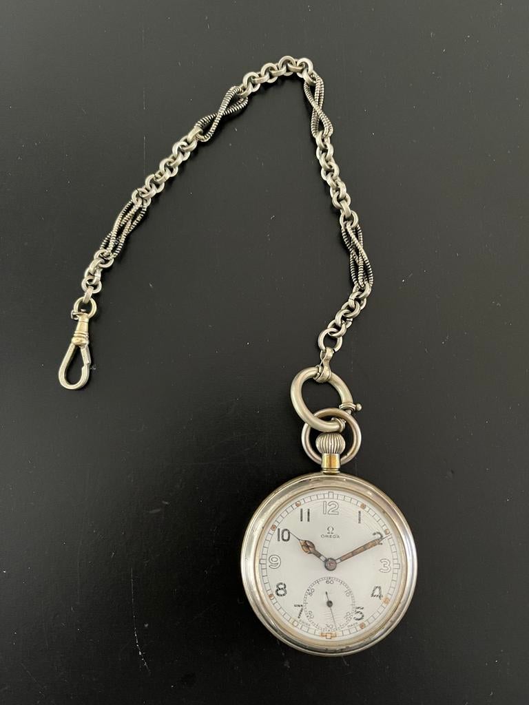 Zilveren Omega Zakhorloge met Ketting - Vintage, Sieraden, Tassen en Uiterlijk, Horloges | Antiek, Zakhorloge, 1900 tot 1930, Ophalen of Verzenden