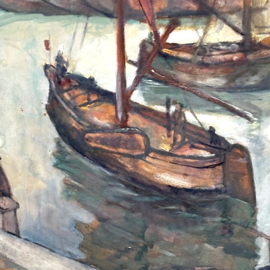 Johan Diedrich Hendriks (1882-1937) - Havengezicht, Nederlandse school, Ophalen of Verzenden, Olieverf, Bijzondere lijst