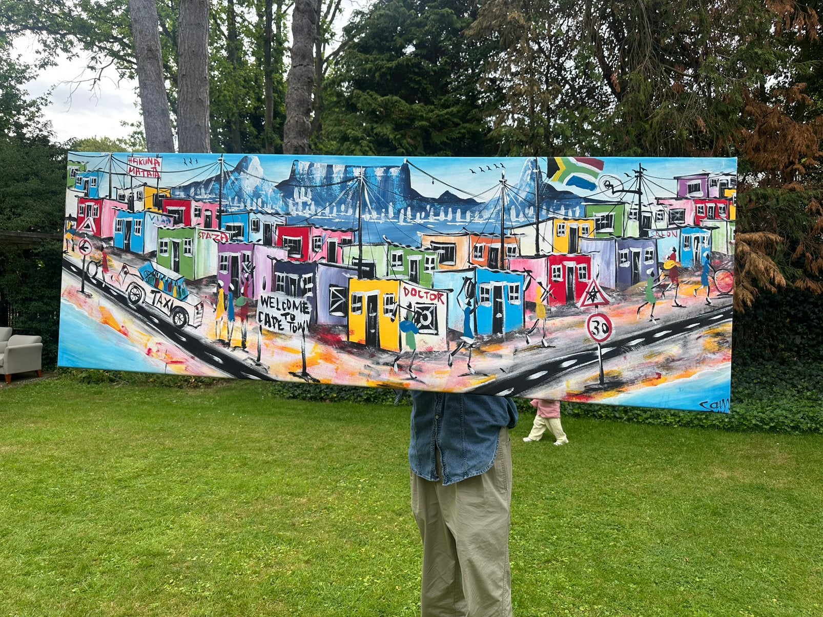 Origineel groot schilderij Kaapstad / Cape Town 190x65 cm, Ophalen, Op houten frame, Stadsgezicht