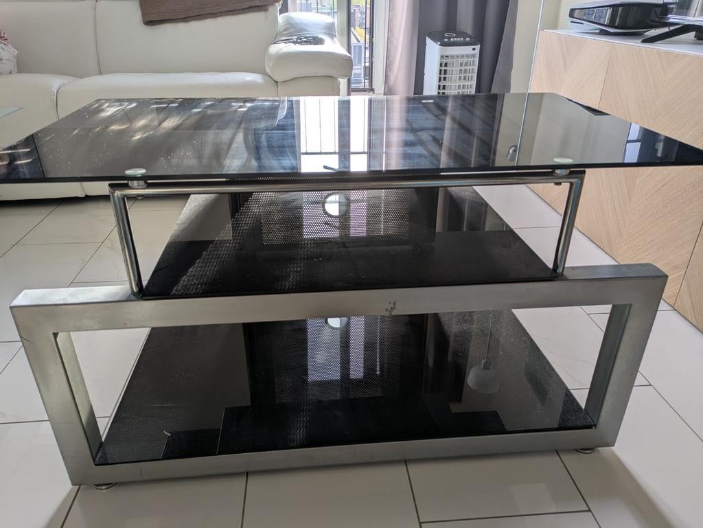 Zwart stalen media/TV meubel met glazen blad, Ophalen, Gebruikt, 50 tot 100 cm, Glas