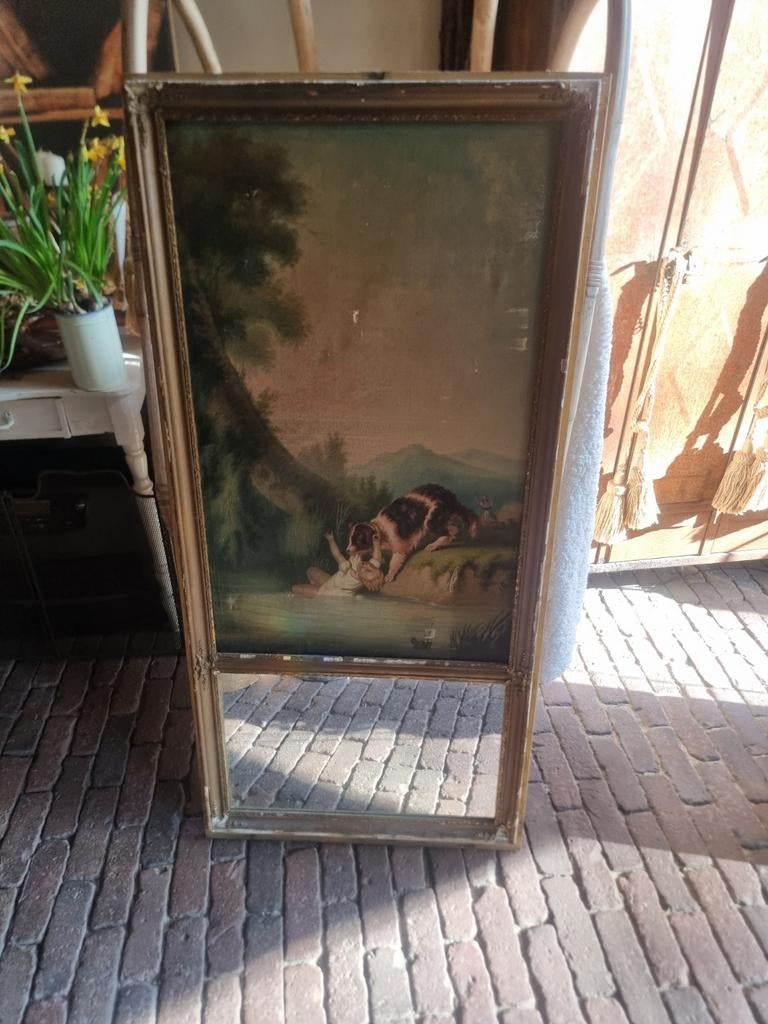 oude franse trumeau spiegel met olieverfschilderij, Antiek en Kunst, Ophalen, Rechthoekig