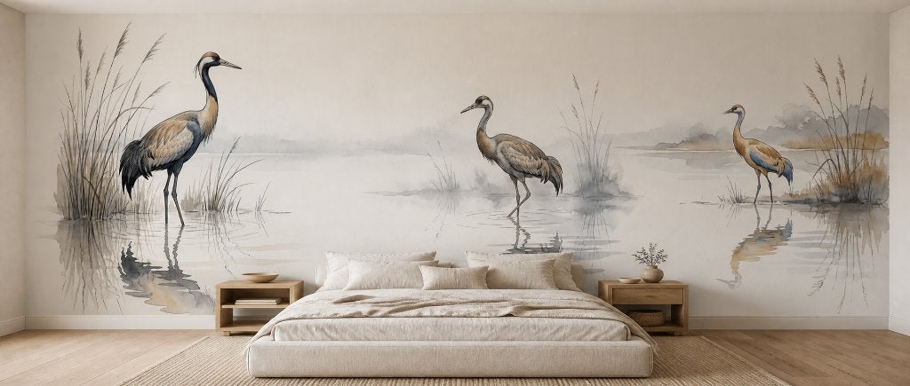 Vogel behang – sierlijke vogels aan een rustige rietplas, Natuurlijk, Overige merken, Beige, Ophalen of Verzenden