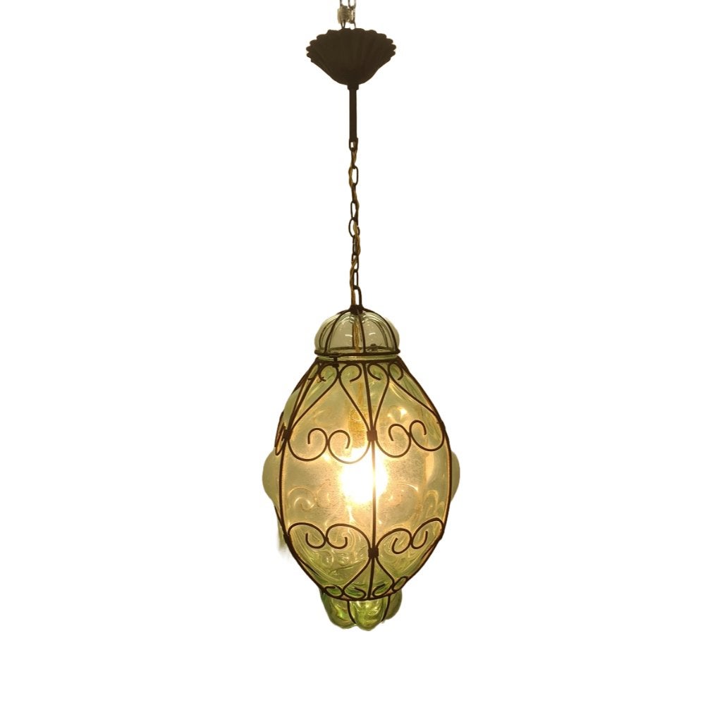 Vintage Venetiaanse Murano groene hanglamp, jaren 60/70, Huis en Inrichting, Ophalen, Gebruikt, E27 (groot), Glas