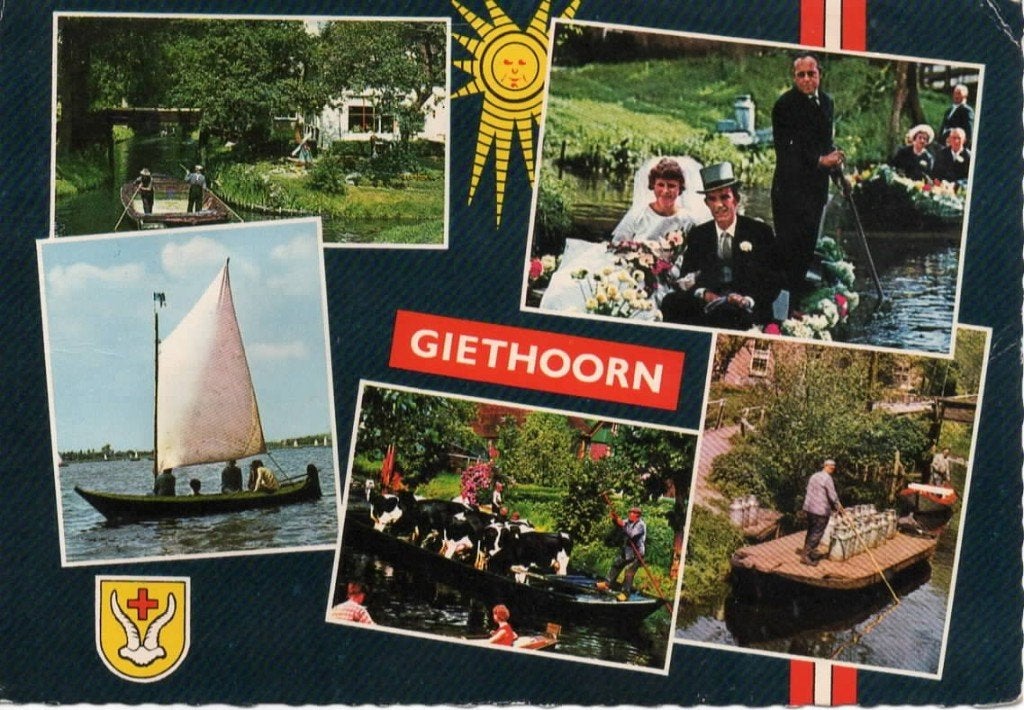 Ansichtkaart Giethoorn, 5-luik, zeilpunter, bruiloft, melk, Ophalen of Verzenden, 1960 tot 1980, Gelopen, Overijssel