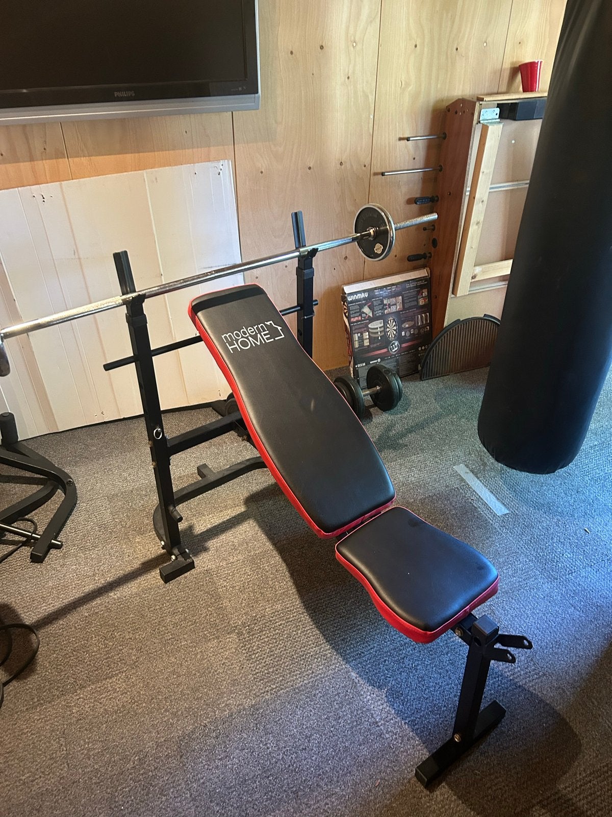 Multifunctionele Halterbank met stang, 3 dumbells en schijve, Sport en Fitness, Fitnessmaterialen, Ophalen, Zo goed als nieuw