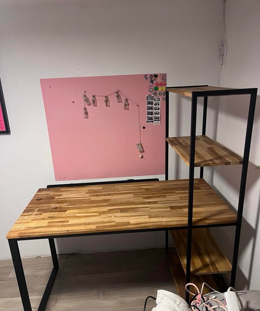 Bureau met massief houten blad en open kast, Huis en Inrichting, Bureaus, Gebruikt, Bureau-kast combinatie, Industrieel, Hout