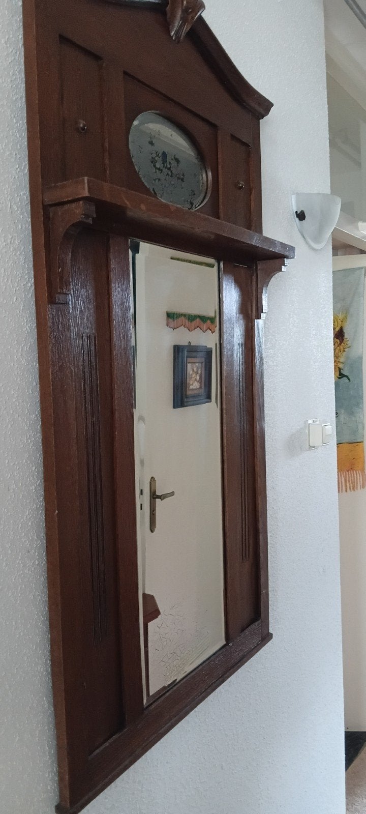 Vintage houten spiegel met houtsnijwerk, Antiek en Kunst, Ophalen, Rechthoekig, 50 tot 100 cm, 150 tot 200 cm