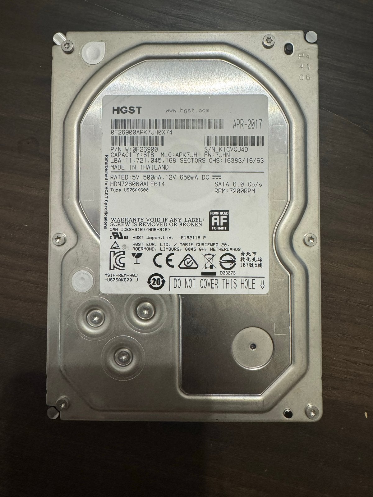 HGST HDD 6TB SATA 7200RPM - Uitstekende Staat, Intern, Server, Ophalen of Verzenden, Zo goed als nieuw