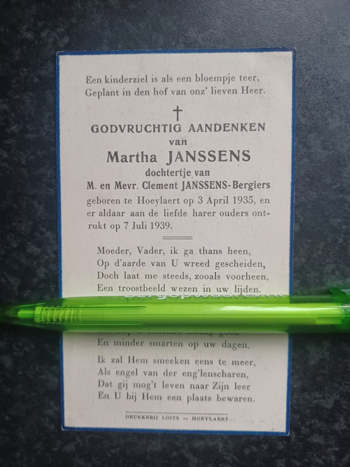Bidprentje Hoeylaert Martha Jansses 1935 1935, Ophalen, Bidprentje