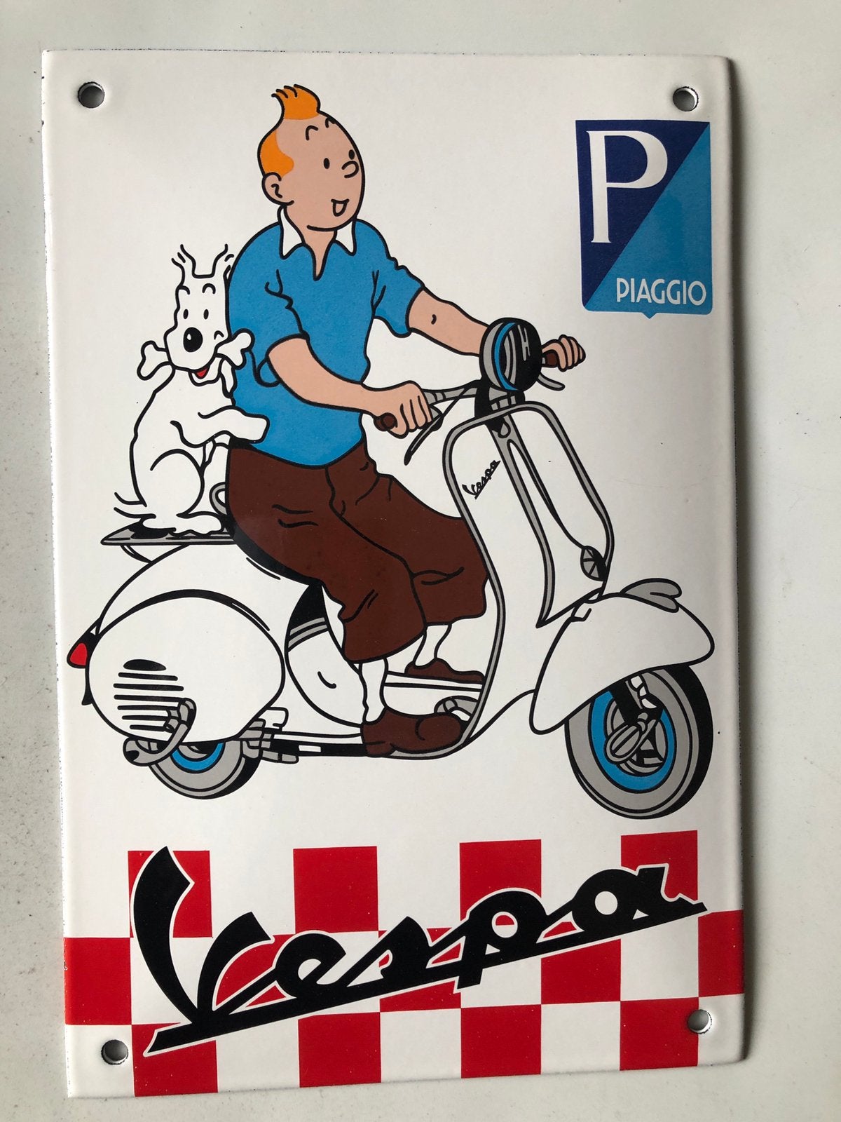 Emaille bord Vespa- Piaggio- Kuifje als nieuw nog, Ophalen of Verzenden, Zo goed als nieuw, Reclamebord