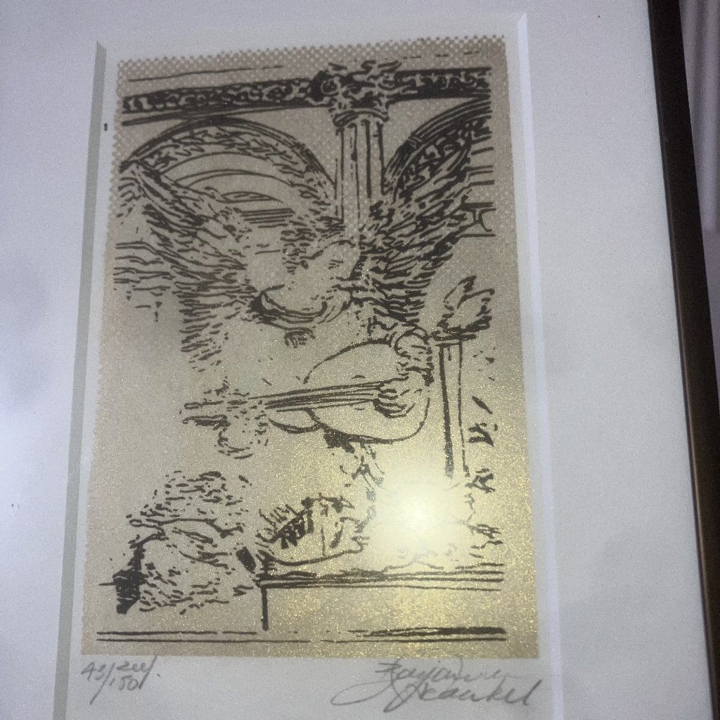 Een zeefdruk met engel met lier op goud metalicca papier., Antiek en Kunst, Met tekst, 1950 - 1999, Ophalen of Verzenden, Zeefdruk