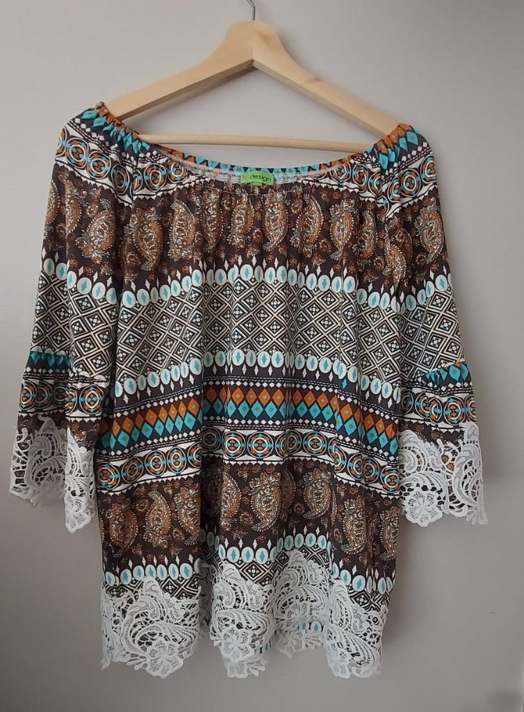 K-design Off-shoulder top met paisley en kant - Maat M, Maat 38/40 (M), K-design, Meerkleurig, Ophalen of Verzenden