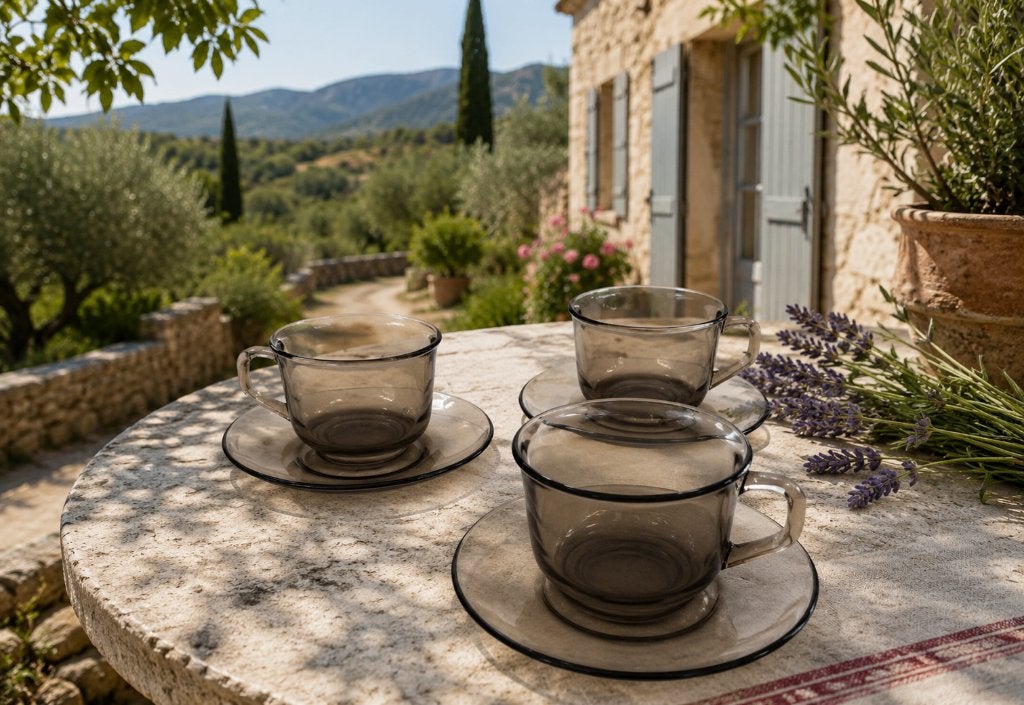 3 vintage-arcoroc france smokey thea/coffee/cups/schotels, Antiek en Kunst, Antiek | Servies los, Ophalen of Verzenden