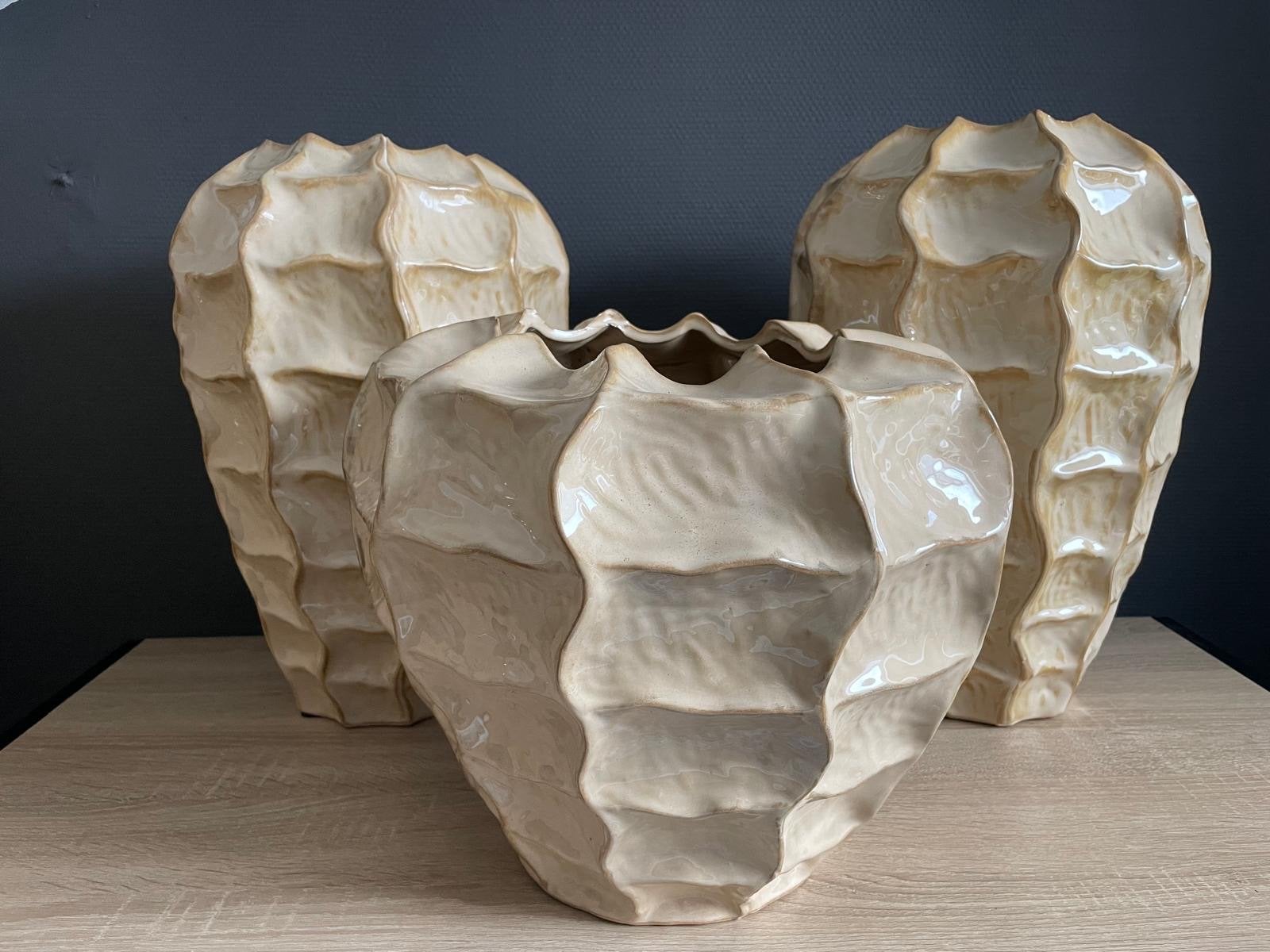 Set van 3 decoratieve vazen - Crèmekleurig geglazuurd, Ophalen of Verzenden