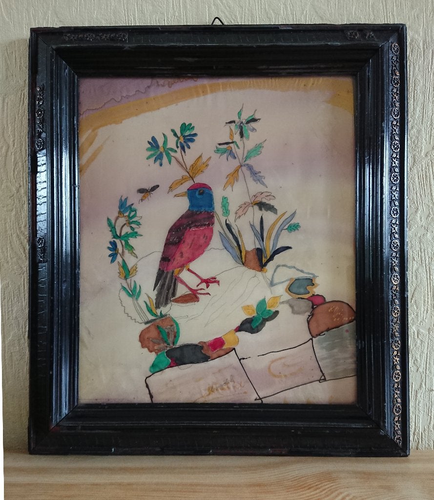 Beeld zijden schilderij ‘Kleurrijke vogel’ - 43 x 38 cm, Ophalen, Vintage, Gesigneerd, Dieren