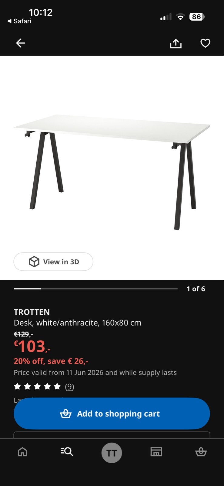 IKEA TROTTEN Bureau Wit/Antraciet 160x80 cm, Ophalen, Demontabel, Spaanplaat of MDF, Zo goed als nieuw